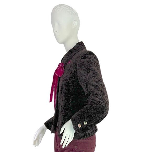 Nanette Lepore Chocolate Brown Crushed Velvet Cropped Evening Jacket Pink Bow 2 - Picture 12 of 14